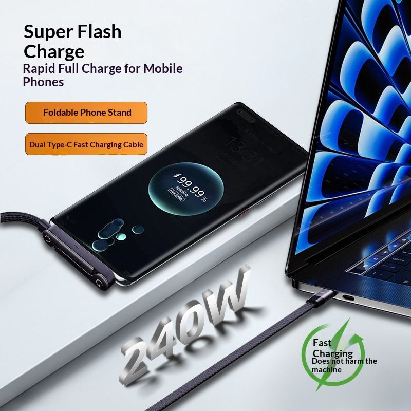 Câble de charge rapide USB-C 240 W avec support de téléphone pliable
